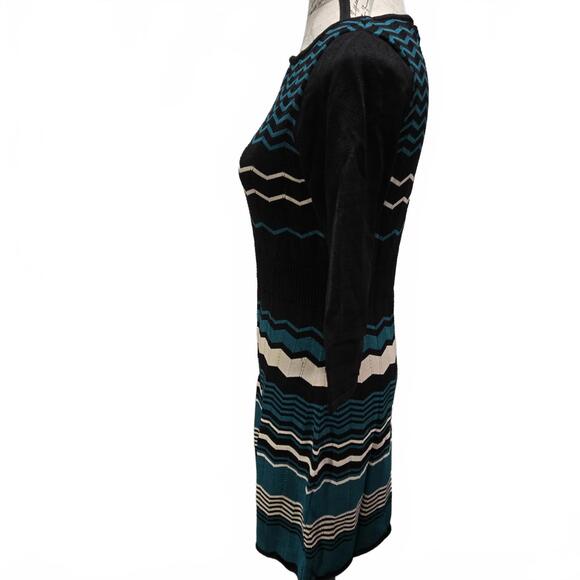 Nine West Women's Black Teal & White Chevron Knit 3/4 Sleeve Sweater Dress Small - Picture 3 of 5